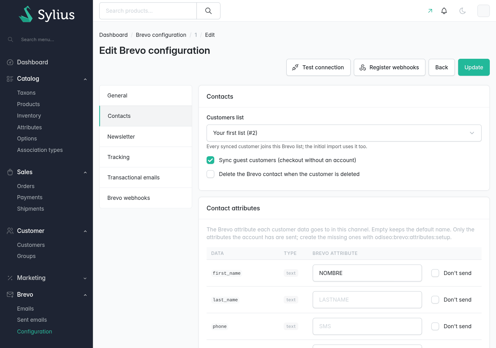 Contact data and their Brevo attributes