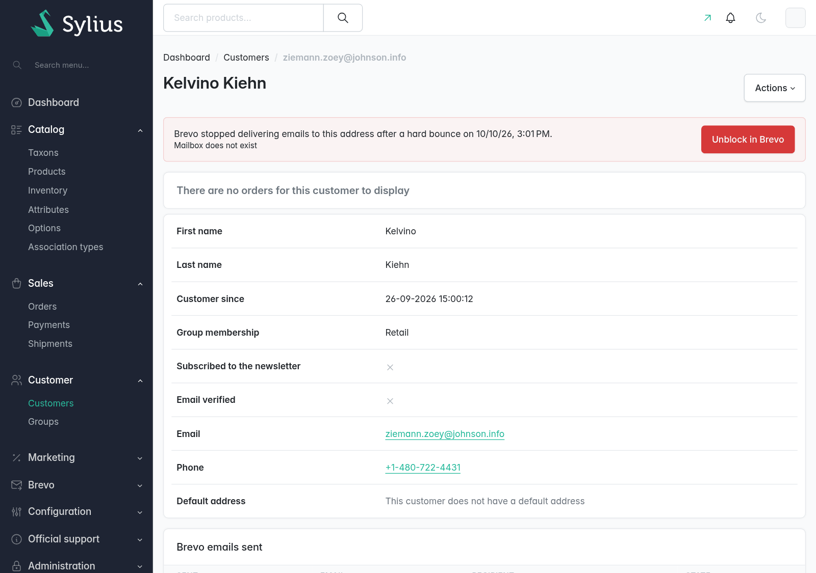 A customer whose address Brevo blocked