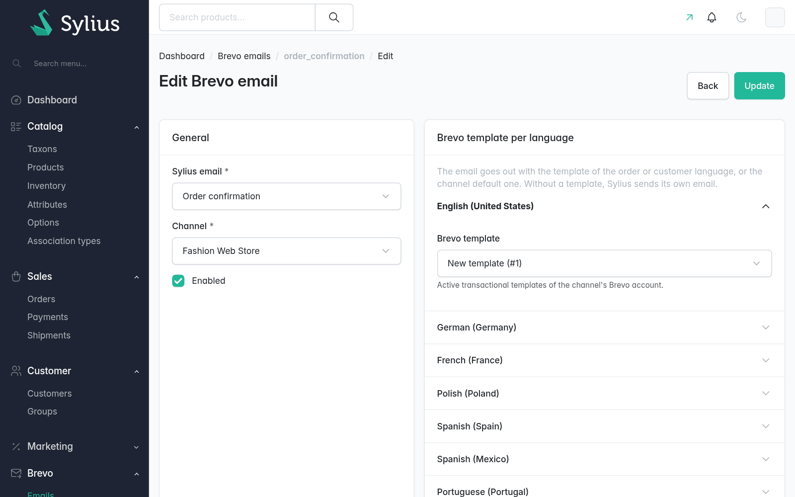 A Sylius email with a Brevo template per language
