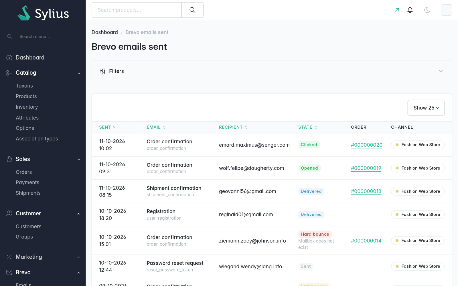 Brevo emails sent, with their delivery status