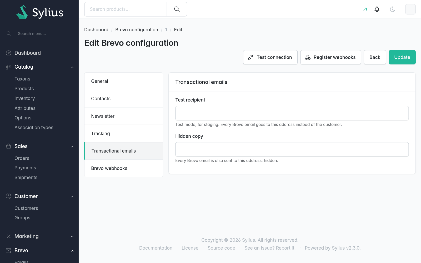 The Transactional emails tab