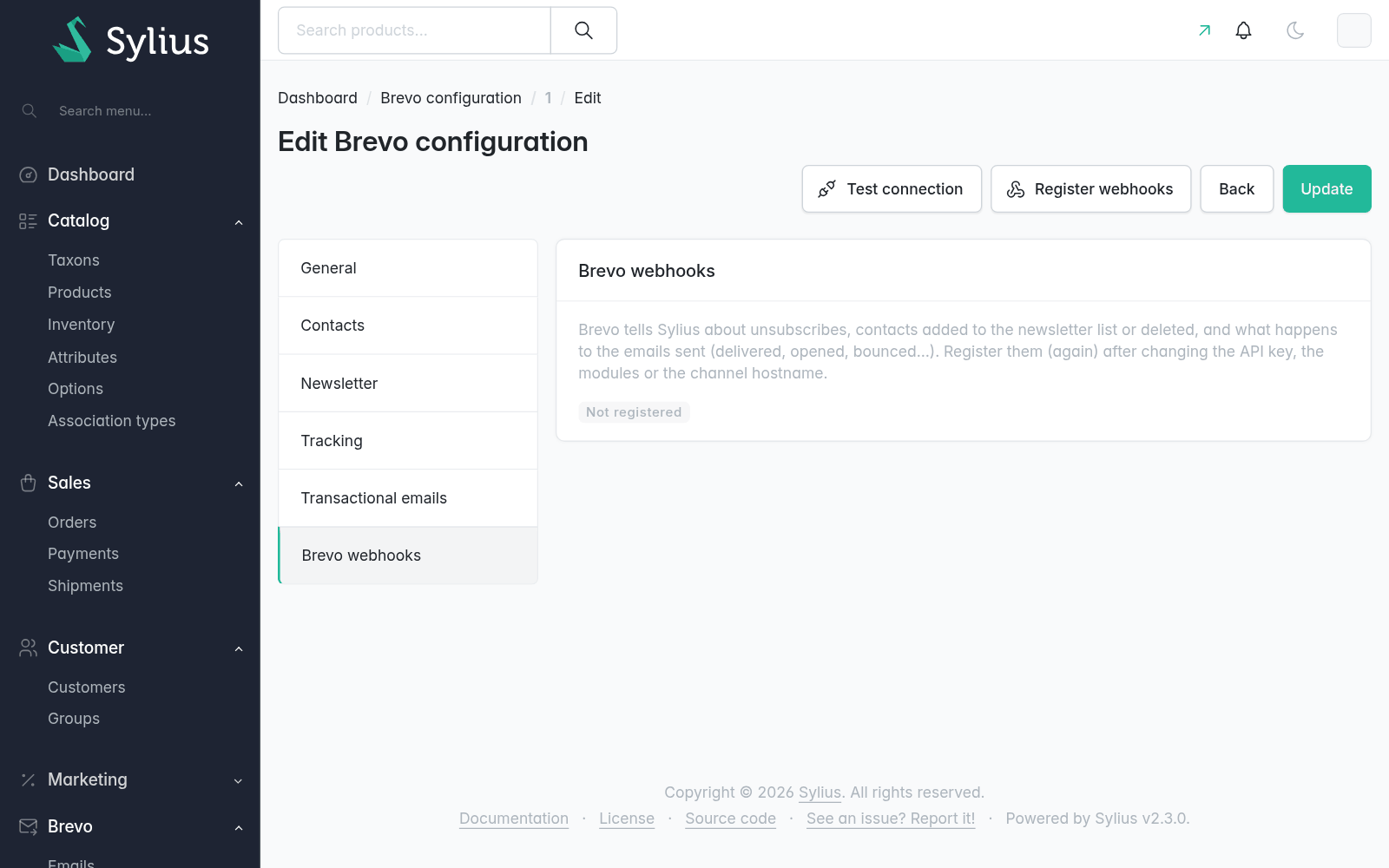 The Brevo webhooks tab